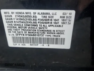 2010 Honda Ridgeline RTL with VIN 5FPYK1F50AB010737, listed as a Copart auction lot 79691344 with 299,203 mi miles and Clean Title. Bid and sale history available at carsss.com. Image 12.