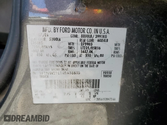 2004 Ford F-250 XL with VIN 1FTNW21L14EA16600, listed as a Copart auction lot 62814805 with 222,493 mi miles and Salvage title. Bid and sale history available at DreamBid. Image 12.