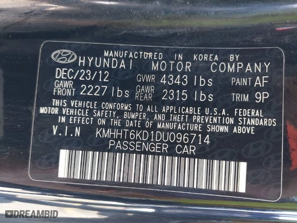 2013 Hyundai Genesis Coupe 2.0T R-Spec with VIN KMHHT6KD1DU096714, listed as a IAAI auction lot 41769934 with 96,532 mi miles. Bid and sale history available at carsss.com. Image 9.