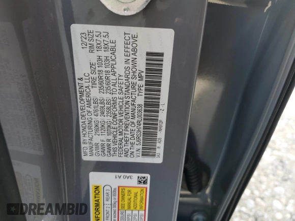 2024 Honda CR-V EX-L with VIN 5J6RS3H74RL003638, listed as a Copart auction lot 85468314 with 7,717 mi miles and Salvage Title. Bid and sale history available at DreamBid. Image 15.