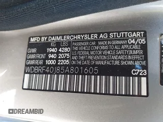 2005 Mercedes-Benz C 230 Kompressor with VIN WDBRF40J85A801605, listed as a IAAI auction lot 41751178 with 223,512 mi miles and . Bid and sale history available at DreamBid. Image 9.