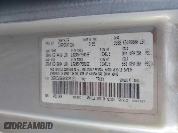 1999 Dodge Ram 2500 with VIN 3B7KC2363XG124121, listed as a IAAI auction lot 41404032 with 250,307 mi miles. Bid and sale history available at carsss.com. Image 9.