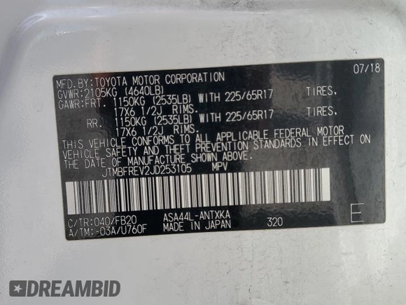 2018 Toyota RAV4 LE z VIN JTMBFREV2JD253105, wystawiony jako Copart lot #58011225 z przebiegiem 68 130 mil mil oraz Szkoda całkowita • Salvage title. Historia ofert i sprzedaży dostępna na DreamBid. Obrazek 13.
