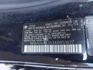 2004 BMW 5 Series 525i with VIN WBANA53534B851627, listed as a IAAI auction lot 41609092 with 139,192 mi miles. Bid and sale history available at carsss.com. Image 9.