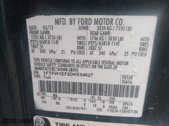 2013 Ford F-150 XL with VIN 1FTFW1EF2DKE54627, listed as a IAAI auction lot 40795033 with 1 mi miles. Bid and sale history available at carsss.com. Image 9.