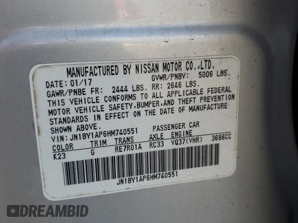 2017 Infiniti Q70 3.7 with VIN JN1BY1AP6HM740551, listed as a Copart auction lot 54435405 with 103,557 mi miles and Salvage Title. Bid and sale history available at DreamBid. Image 12.