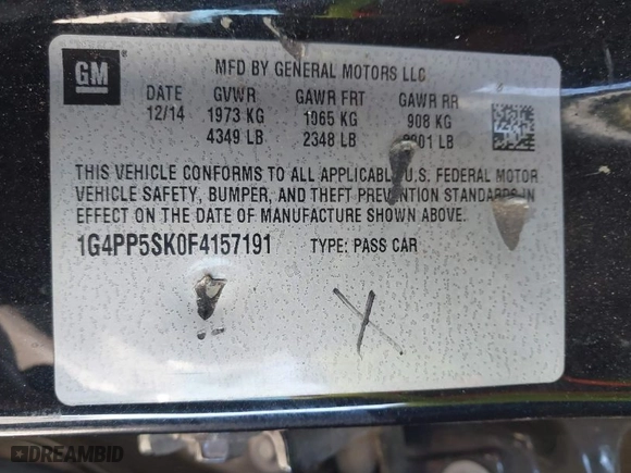 2015 Buick Verano with VIN 1G4PP5SK0F4157191, listed as a IAAI auction lot 41496178 with 282,012 mi miles. Bid and sale history available at carsss.com. Image 9.