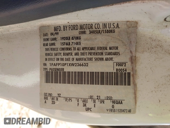 1999 Ford Escort LX with VIN 1FAFP10P1XW236632, listed as a IAAI auction lot 42325892 with 202,939 mi miles and . Bid and sale history available at DreamBid. Image 9.