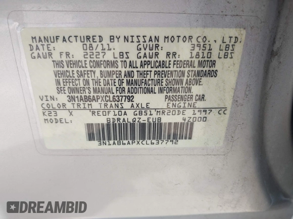 2012 Nissan Sentra SR with VIN 3N1AB6APXCL637792, listed as a IAAI auction lot 42214068 with 200,623 mi miles and . Bid and sale history available at DreamBid. Image 9.