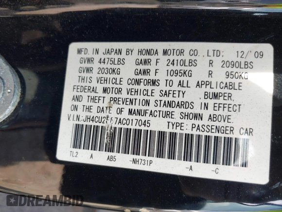 2010 Acura TSX with VIN JH4CU2F67AC017045, listed as a IAAI auction lot 42527734 with 140,131 mi miles and . Bid and sale history available at DreamBid. Image 9.