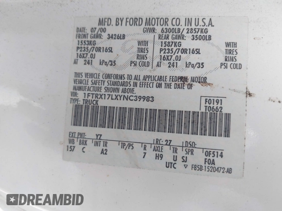 2000 Ford F-150 XL with VIN 1FTRX17LXYNC39983, listed as a IAAI auction lot 41750277 with 170,016 mi miles. Bid and sale history available at carsss.com. Image 9.