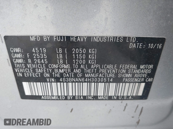 2017 Subaru Legacy Limited with VIN 4S3BNAN64H3030514, listed as a IAAI auction lot 42042754 with 86,887 mi miles and . Bid and sale history available at DreamBid. Image 9.