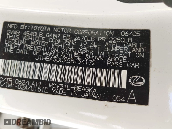 2005 Lexus ES 350 with VIN JTHBA30GX55134172, listed as a IAAI auction lot 42781364 with 292,824 mi miles and . Bid and sale history available at DreamBid. Image 9.