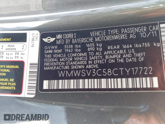 2012 MINI Hardtop S с VIN WMWSV3C58CTY17722, выставлен на аукционе IAAI как лот 42698588 с пробегом 98 511 миль миль и . История ставок и продаж доступна на DreamBid. Изображение 9.