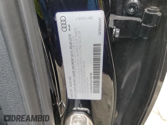 2020 Audi A3 Sedan S line Premium with VIN WAUBEGFF3LA103746, listed as a Copart auction lot 53294934 with 41,343 mi miles and Salvage Title. Bid and sale history available at carsss.com. Image 14.