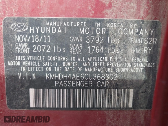 2012 Hyundai Elantra Limited with VIN KMHDH4AE6CU368302, listed as a IAAI auction lot 41867352 with 114,548 mi miles. Bid and sale history available at carsss.com. Image 9.