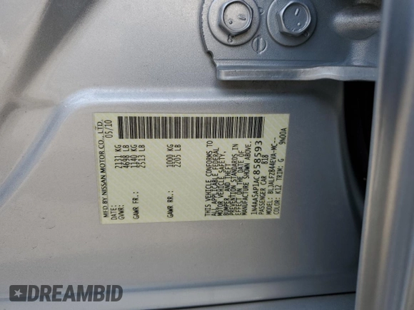 2010 Nissan Maxima SV with VIN 1N4AA5AP1AC858593, listed as a Copart auction lot 53846845 with 145,016 mi miles and Salvage title. Bid and sale history available at DreamBid. Image 14.