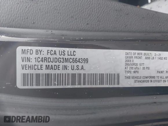 2021 Dodge Durango GT Plus with VIN 1C4RDJDG3MC664399, listed as a IAAI auction lot 41377132 with 80,081 mi miles and . Bid and sale history available at DreamBid. Image 9.