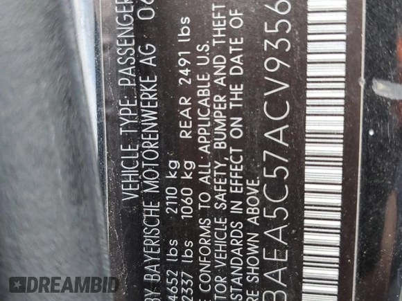 2010 BMW 6 Series 650i with VIN WBAEA5C57ACV93568, listed as a Copart auction lot 45578355 with 172,586 mi miles and Salvage Title. Bid and sale history available at carsss.com. Image 12.