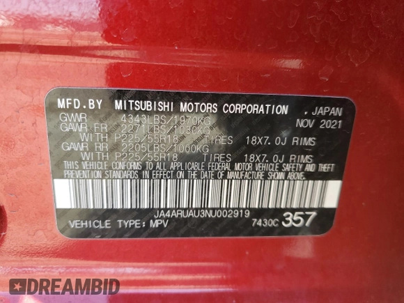2022 Mitsubishi Outlander Sport ES with VIN JA4ARUAU3NU002919, listed as a Copart auction lot 45635415 with 34,257 mi miles and Salvage Title. Bid and sale history available at carsss.com. Image 15.