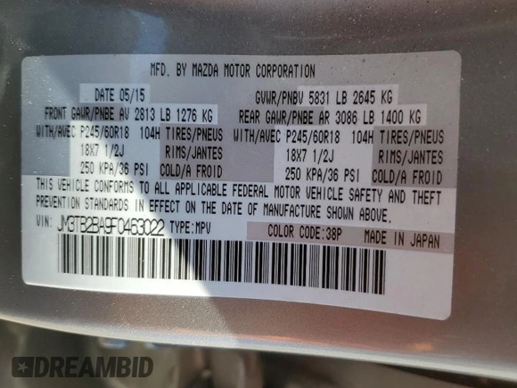 2015 Mazda CX-9 Sport with VIN JM3TB2BA9F0463022, listed as a Copart auction lot 47237405 with 133,744 mi miles and Salvage Title. Bid and sale history available at carsss.com. Image 13.