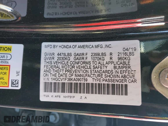2019 Honda Accord Sport with VIN 1HGCV1F38KA090759, listed as a Copart auction lot 49012565 with 77,978 mi miles and Salvage Title. Bid and sale history available at DreamBid. Image 12.