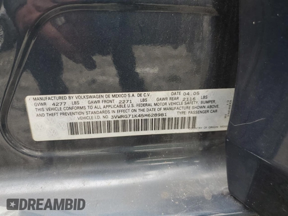 2005 Volkswagen Jetta 2.5L with VIN 3VWRG71K45M628981, listed as a Copart auction lot 58531595 with 128,217 mi miles and Salvage title. Bid and sale history available at DreamBid. Image 13.