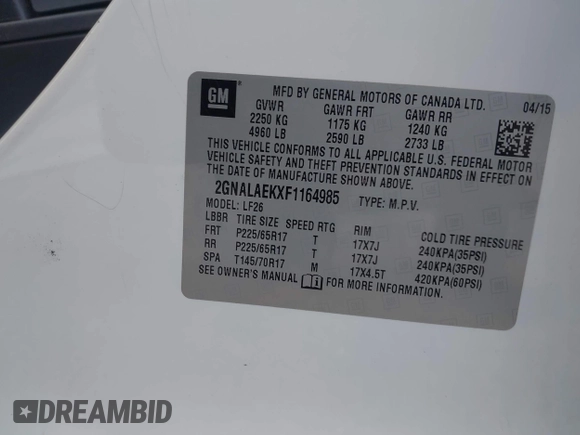 2015 Chevrolet Equinox LS with VIN 2GNALAEKXF1164985, listed as a IAAI auction lot 42134571 with 99,847 mi miles and . Bid and sale history available at DreamBid. Image 9.