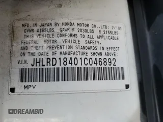2001 Honda CR-V LX with VIN JHLRD18401C046892, listed as a Copart auction lot 85376174 with 190,076 mi miles and Salvage Title. Bid and sale history available at carsss.com. Image 14.