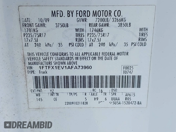 2010 Ford F-150 XL с VIN 1FTFX1EV1AFA73960, выставлен на аукционе IAAI как лот 42495269 с пробегом 190 701 миль миль и . История ставок и продаж доступна на DreamBid. Изображение 9.