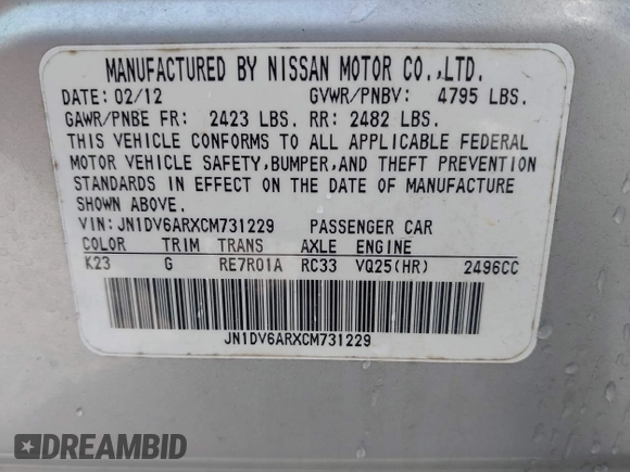 2012 Infiniti G25 x with VIN JN1DV6ARXCM731229, listed as a IAAI auction lot 42403795 with 208,296 mi miles and . Bid and sale history available at DreamBid. Image 9.