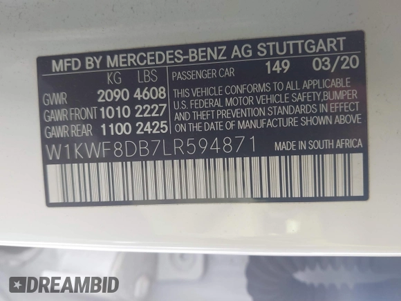 2020 Mercedes-Benz C 300 with VIN W1KWF8DB7LR594871, listed as a IAAI auction lot 41761027 with 28,732 mi miles and . Bid and sale history available at carsss.com. Image 9.