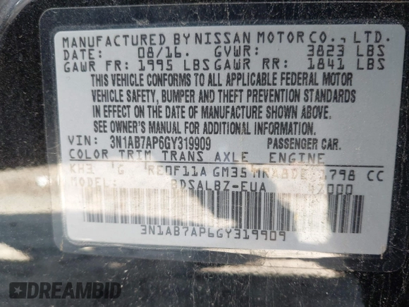 2016 Nissan Sentra S with VIN 3N1AB7AP6GY319909, listed as a IAAI auction lot 40891998 with 99,381 mi miles. Bid and sale history available at carsss.com. Image 9.
