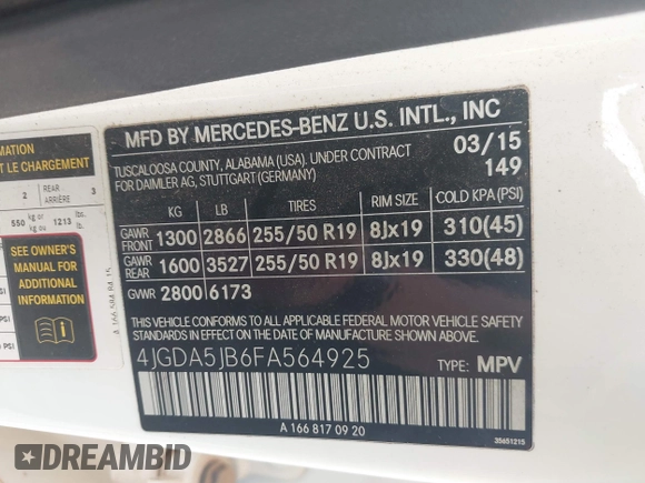 2015 Mercedes-Benz M 350 with VIN 4JGDA5JB6FA564925, listed as a IAAI auction lot 41531961 with 130,466 mi miles and . Bid and sale history available at DreamBid. Image 9.