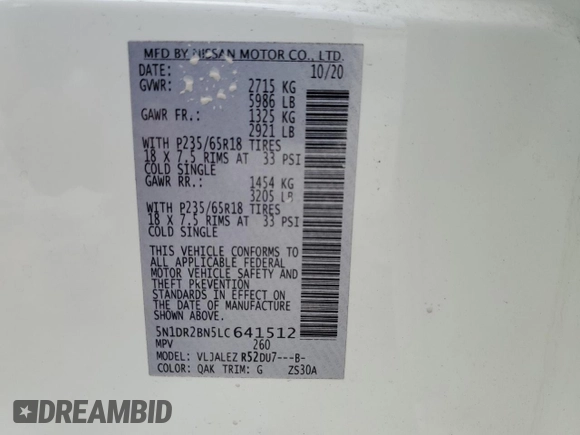 2020 Nissan Pathfinder SV z VIN 5N1DR2BN5LC641512, wystawiony jako Copart lot #64080635 z przebiegiem Nie podano mil oraz Nie do naprawy • Non repairable. Historia ofert i sprzedaży dostępna na DreamBid. Obrazek 14.