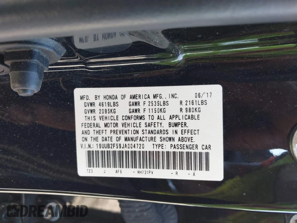 2018 Acura TLX Technology with VIN 19UUB2F59JA004720, listed as a IAAI auction lot 42033310 with 67,620 mi miles and . Bid and sale history available at DreamBid. Image 9.