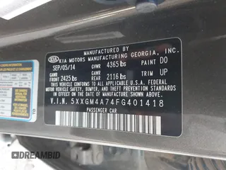 2015 Kia Optima LX with VIN 5XXGM4A74FG401418, listed as a IAAI auction lot 41899008 with 125,812 mi miles. Bid and sale history available at carsss.com. Image 9.