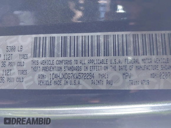2019 Jeep Wrangler Unlimited Sport S with VIN 1C4HJXDG7KW572294, listed as a IAAI auction lot 41607986 with 61,734 mi miles and . Bid and sale history available at DreamBid. Image 9.