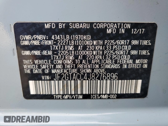 2018 Subaru Crosstrek Premium z VIN JF2GTACC4J8276896, wystawiony jako Copart lot #57694245 z przebiegiem 57 900 mil mil oraz Szkoda całkowita • Salvage title. Historia ofert i sprzedaży dostępna na DreamBid. Obrazek 12.
