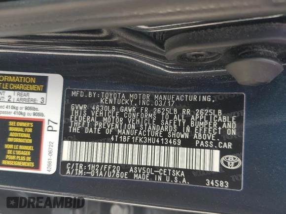 2017 Toyota Camry XLE with VIN 4T1BF1FK3HU413469, listed as a Copart auction lot 48972575 with 79,878 mi miles and Salvage Title. Bid and sale history available at DreamBid. Image 12.