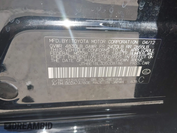 2013 Lexus GS 350 with VIN JTHBE1BL3D5008186, listed as a IAAI auction lot 42534872 with 164,434 mi miles and . Bid and sale history available at DreamBid. Image 9.