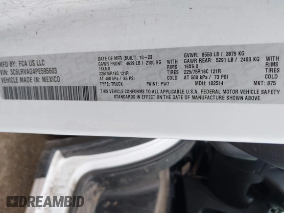2023 Ram ProMaster Cargo with VIN 3C6LRVAG4PE595603, listed as a IAAI auction lot 42090733 with 29,967 mi miles and . Bid and sale history available at DreamBid. Image 9.