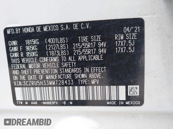 2021 Honda HR-V LX with VIN 3CZRU5H33MM728433, listed as a IAAI auction lot 42077620 with 34,861 mi miles and . Bid and sale history available at DreamBid. Image 9.