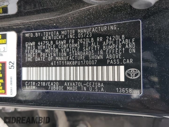 2023 Toyota Camry SE with VIN 4T1T11AK8PU170007, listed as a Copart auction lot 51019605 with 26,932 mi miles and Salvage Title. Bid and sale history available at DreamBid. Image 13.