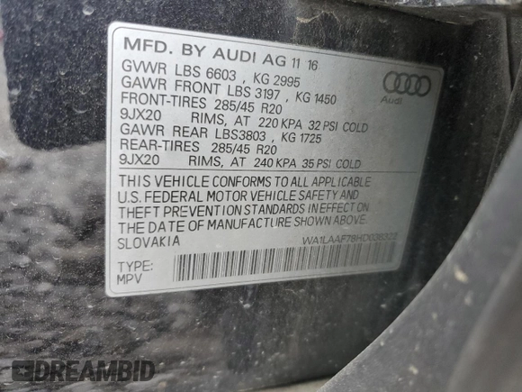 2017 Audi Q7 Premium Plus with VIN WA1LAAF78HD038322, listed as a Copart auction lot 49668215 with 136,026 mi miles and Salvage Title. Bid and sale history available at DreamBid. Image 15.