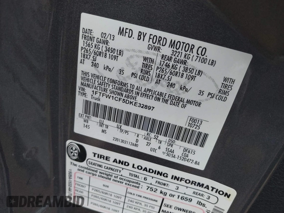 2013 Ford F-150 XL with VIN 1FTFW1CF5DKE32897, listed as a IAAI auction lot 41665756 with 101,574 mi miles. Bid and sale history available at carsss.com. Image 9.