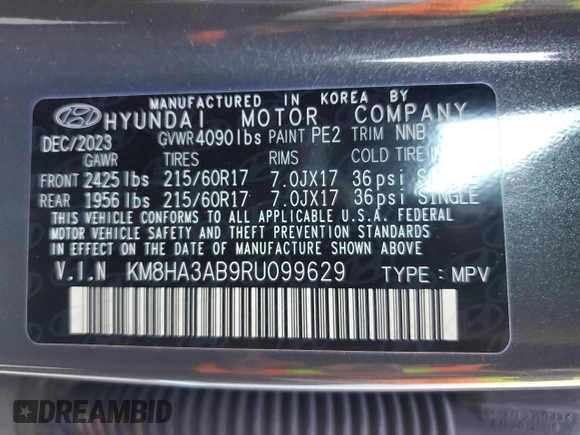 2024 Hyundai Kona Essential with VIN KM8HA3AB9RU099629, listed as a Copart auction lot 82632094 with 4,966 mi miles and Salvage Title. Bid and sale history available at DreamBid. Image 14.