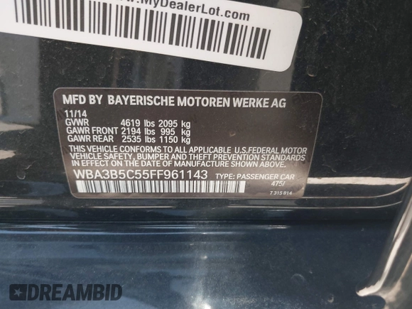 2015 BMW 3 Series 328i xDrive с VIN WBA3B5C55FF961143, выставлен на аукционе IAAI как лот 42561041 с пробегом 61 624 миль миль и . История ставок и продаж доступна на DreamBid. Изображение 9.