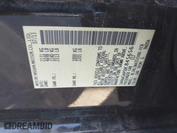 2013 Nissan Maxima S with VIN 1N4AA5AP5DC845656, listed as a IAAI auction lot 41518073 with 111,576 mi miles and . Bid and sale history available at DreamBid. Image 9.
