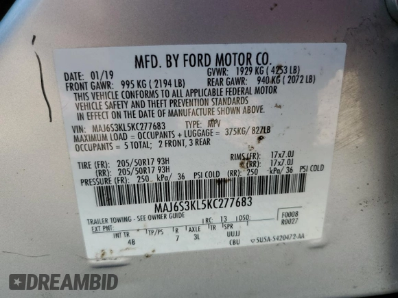 2019 Ford EcoSport Titanium with VIN MAJ6S3KL5KC277683, listed as a Copart auction lot 62121494 with 52,317 mi miles and Salvage Title. Bid and sale history available at DreamBid. Image 13.